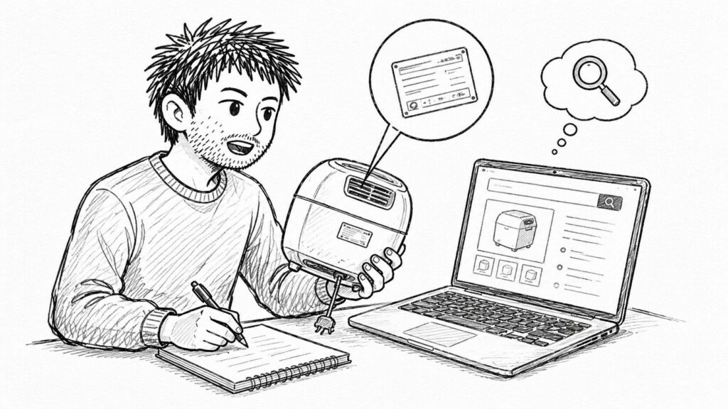 型番から公式情報を検索して原産国を調べるイラスト