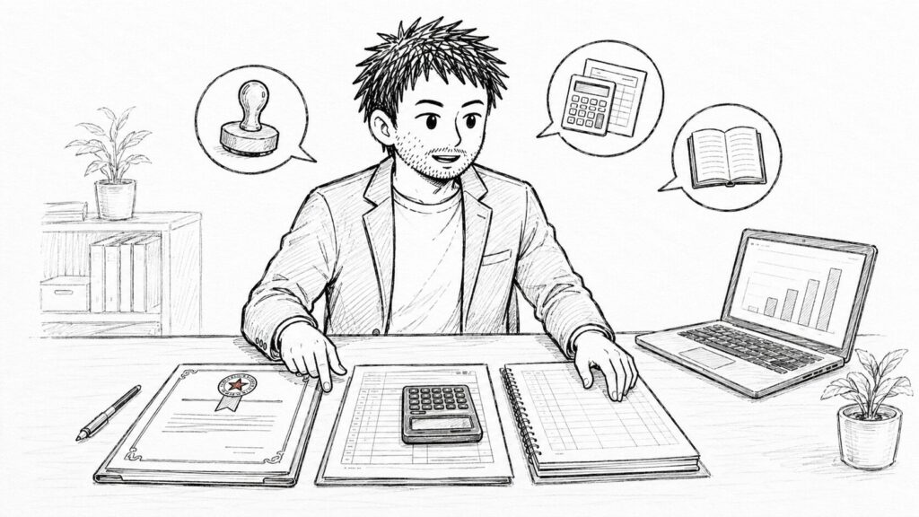 古物商の印と帳簿・電卓で税務の仕組みづくりを表すイラスト