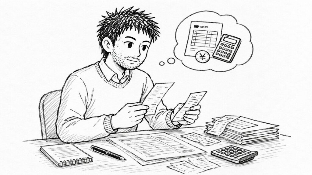 領収書と申告書類で税金・確定申告の注意点を表すイラスト