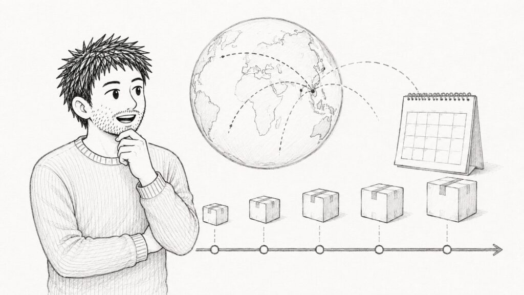 地球儀とカレンダーで日本到着までの日数目安を表すイラスト