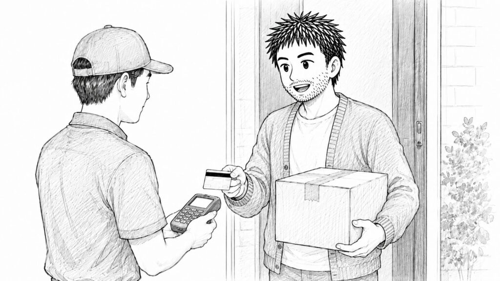 玄関先でカード決済して関税を支払う場面のイラスト