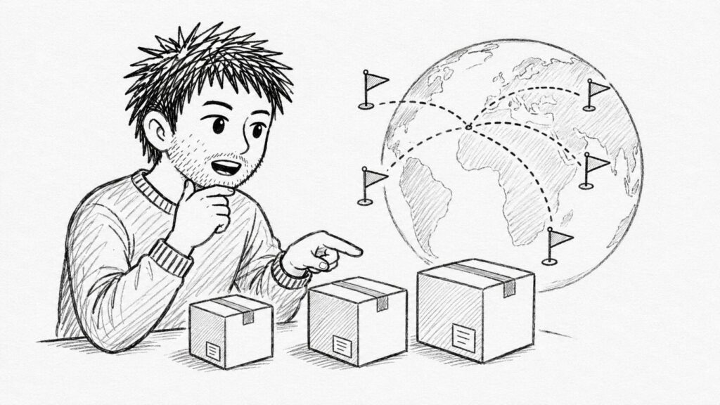 地球儀と各国の荷物で国ごとの関税ルールの違いを表すイラスト