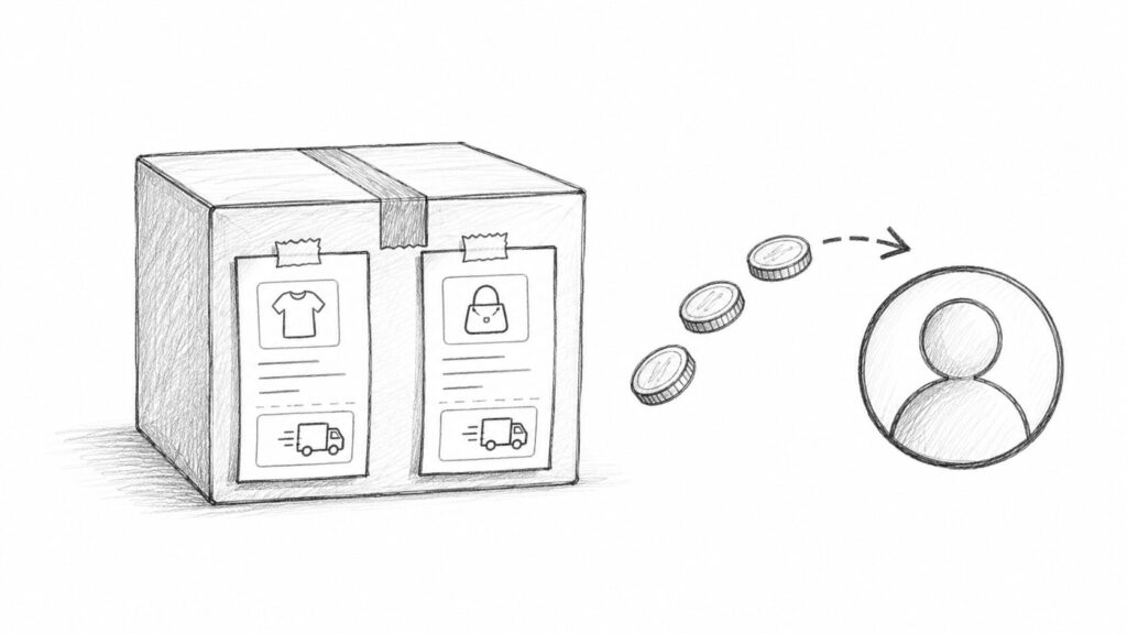1箱にまとめた発送と差額返金の流れを表すイラスト