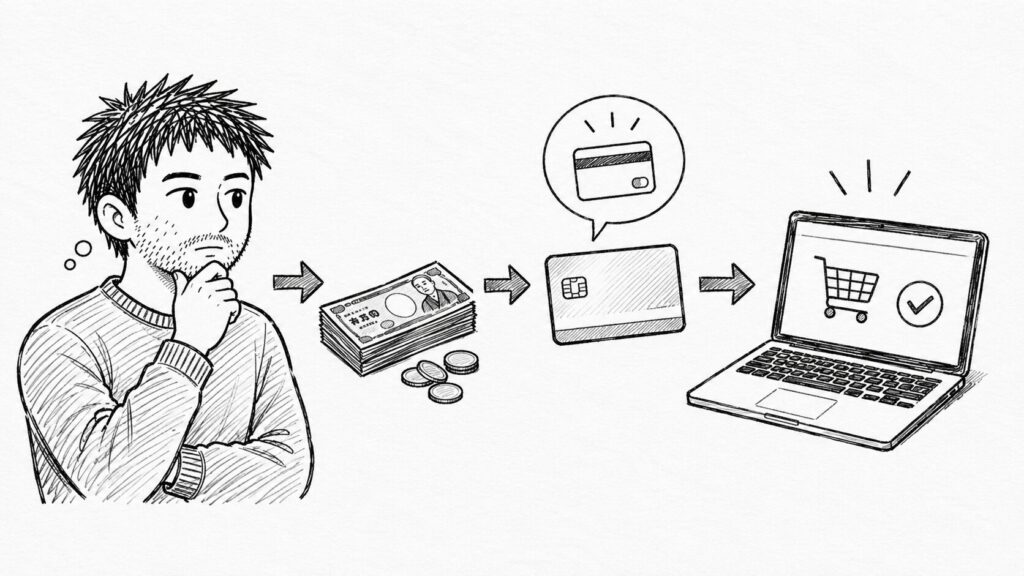 現金からカード経由で決済する流れでPayPalの仕組みを表すイラスト