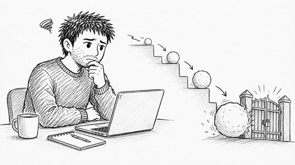 転がり落ちる階段と閉じた門で永久停止への典型ルートを表すイラスト