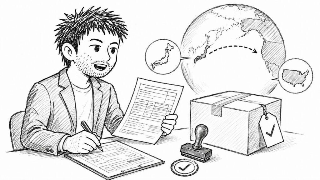 申告書類とDDPスタンプで米国向けの関税対応を表すイラスト