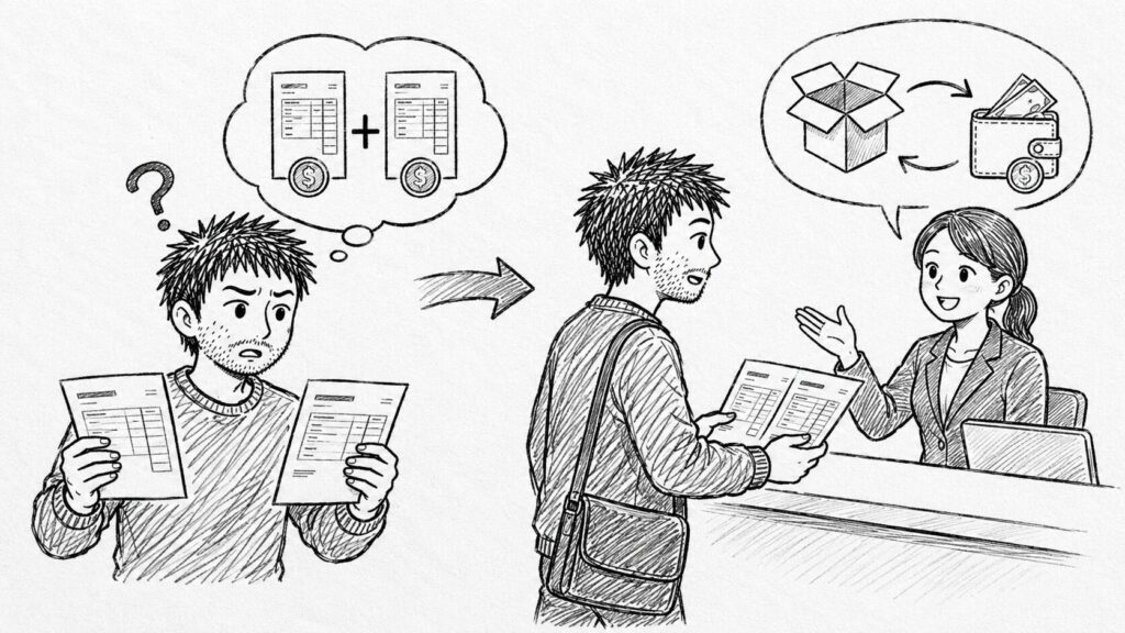 二重請求の明細を窓口で相談し返金対応を進めるイラスト