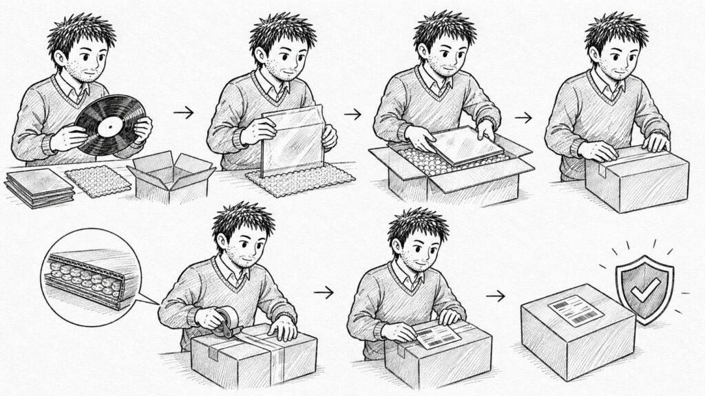 補強材で挟んで梱包し保険を付ける発送設計の手順イラスト