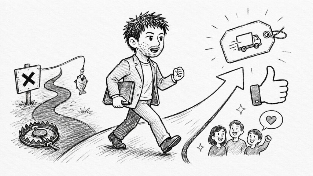 罠の道を避けて高評価への道を進む合法な集客術のイラスト
