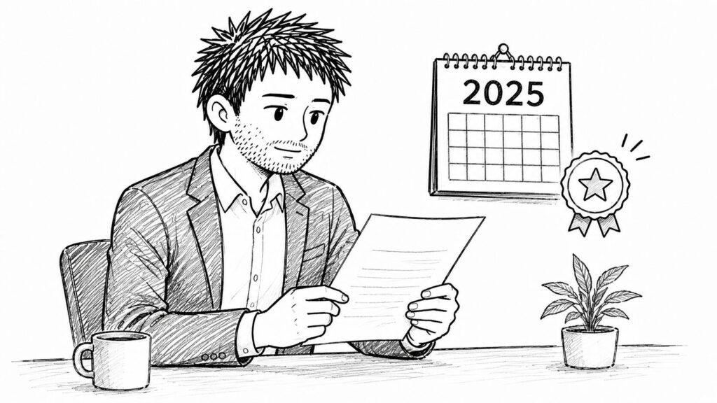 2025年のカレンダーとポリシー文書で変更点を確認するイラスト