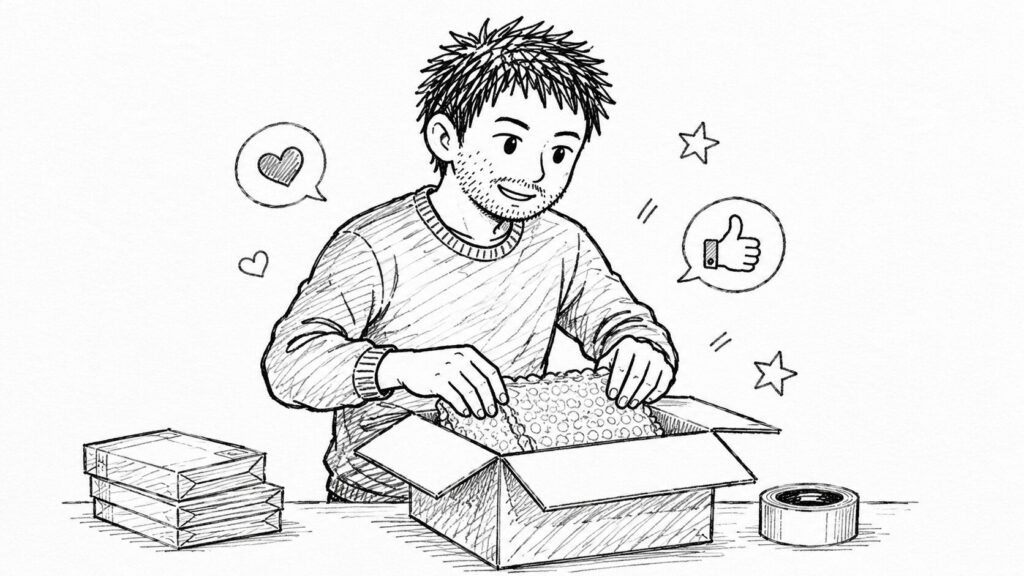 丁寧な梱包と高評価で中国製でも選ばれる工夫を表すイラスト