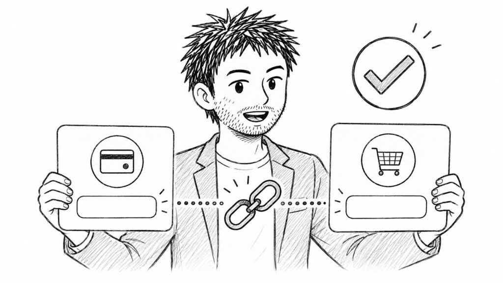 名義の一致を鎖でつないだカードとアカウントで表すイラスト
