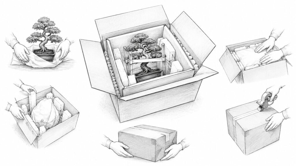 盆栽を固定して壊さず届ける梱包手順のイラスト