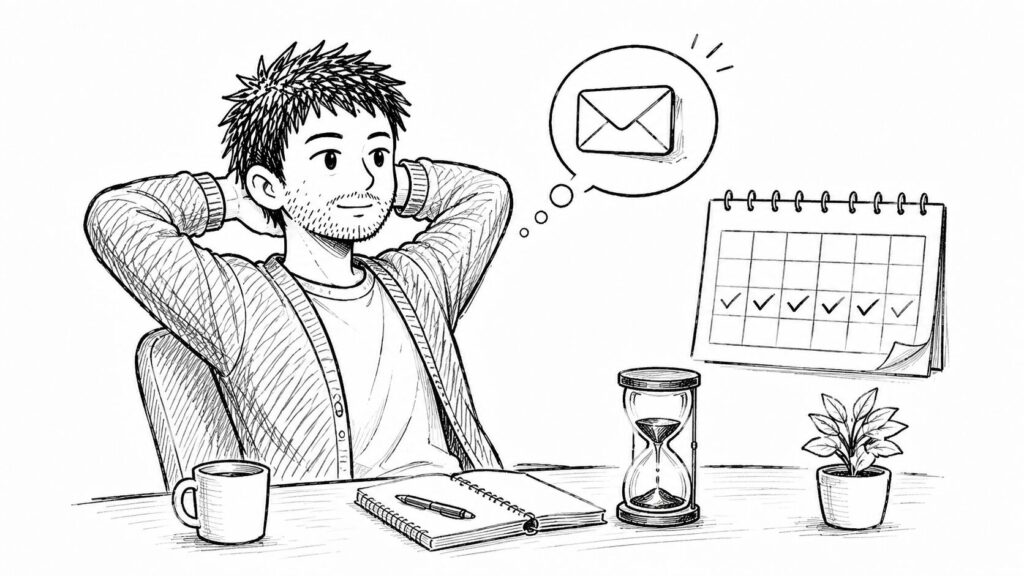 砂時計とカレンダーで審査中の正しい待ち方を表すイラスト