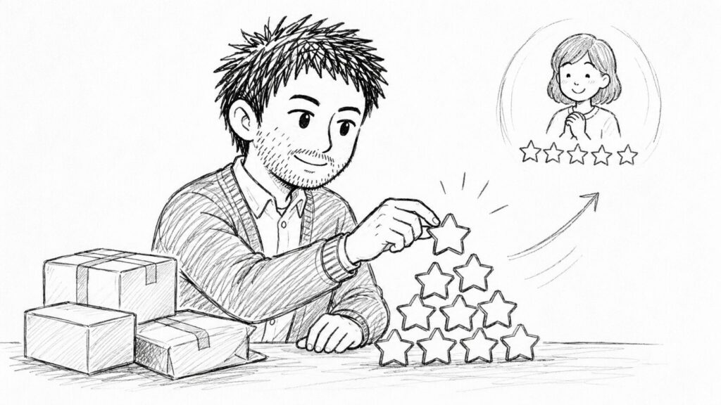 星を積み上げて信頼される出品者になる初動を表すイラスト