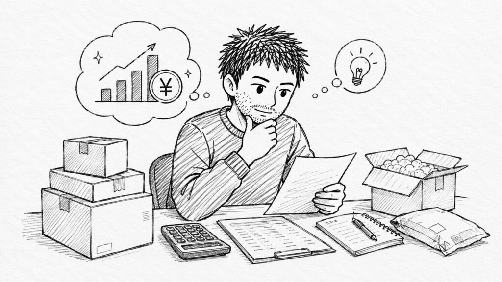 帳簿と電卓で儲からない原因を分析するセラーのイラスト
