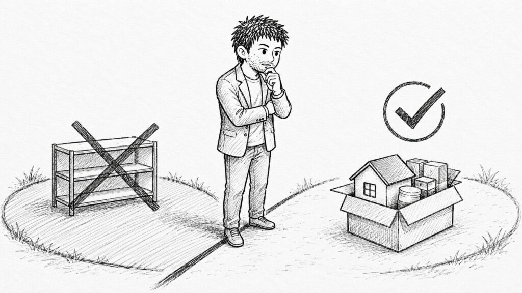 禁止された空の棚と許可される在庫の箱で無在庫販売の境界線を表すイラスト