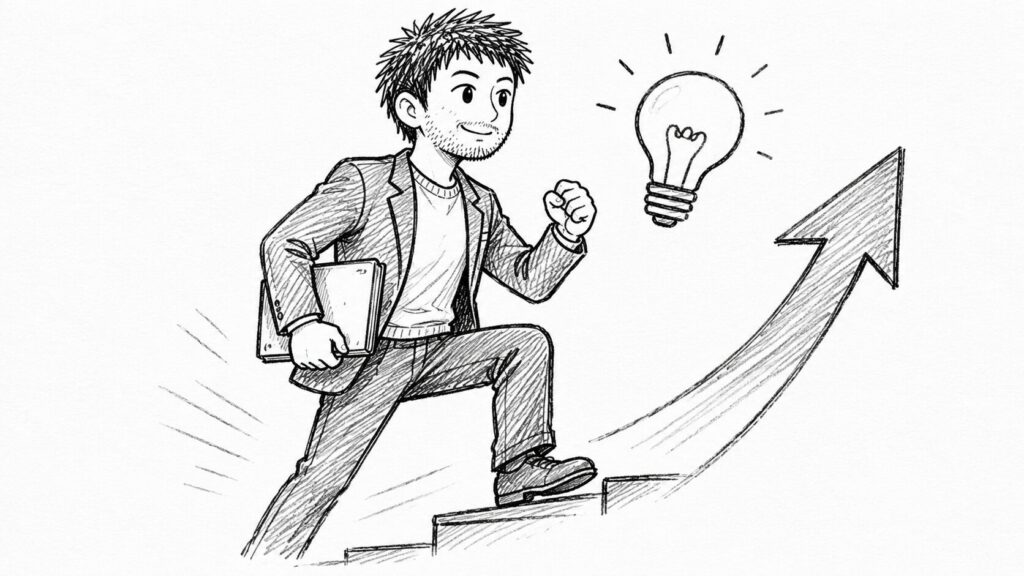 上向きの矢印の階段を上り経験を次に活かすイラスト