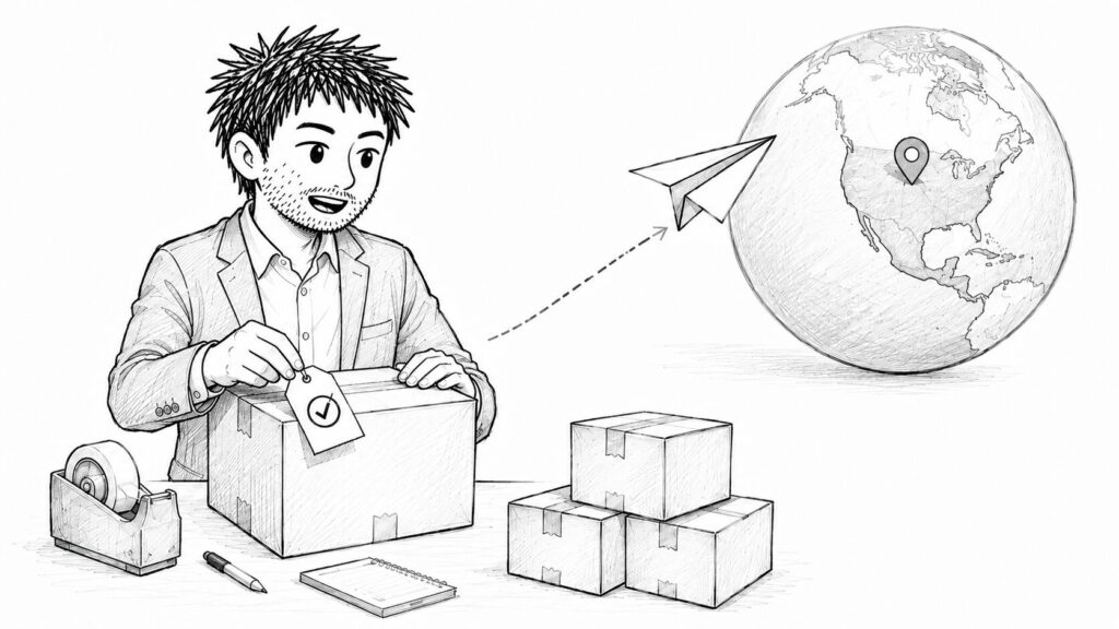 DDPラベルを貼った荷物と地球でDDP義務化後の変化を表すイラスト