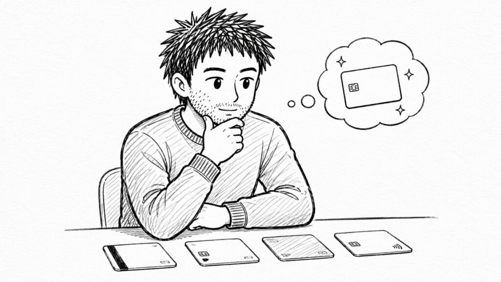 複数のプリペイドカードを前に支払い方法を選ぶユーザーのイラスト