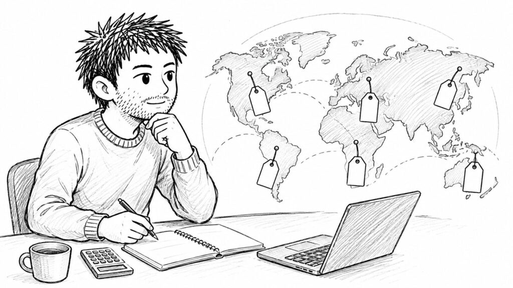 世界地図の価格タグで国別価格の調整を考えるセラーのイラスト