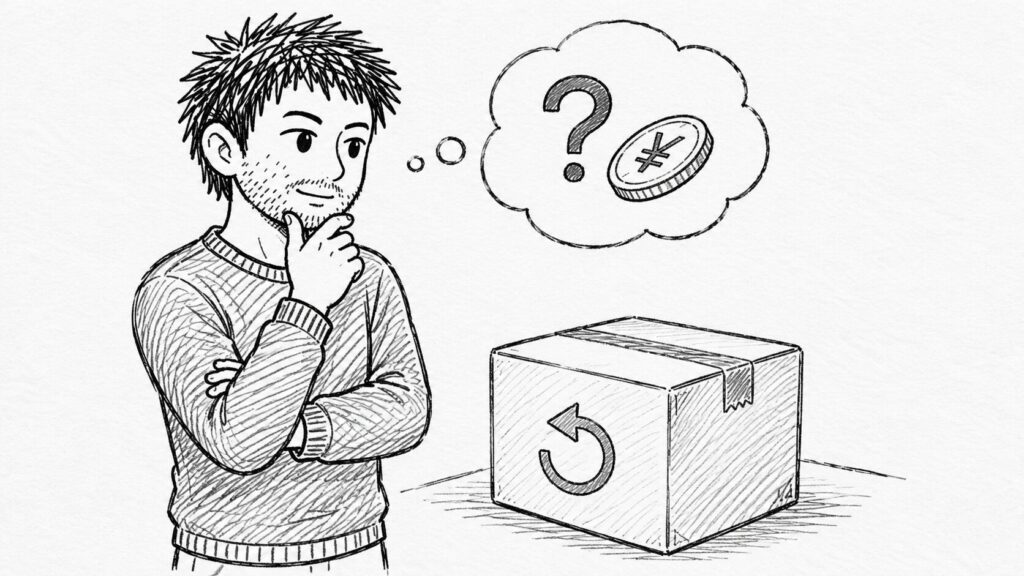 返送マーク付きの荷物と返金の疑問を考えるユーザーのイラスト
