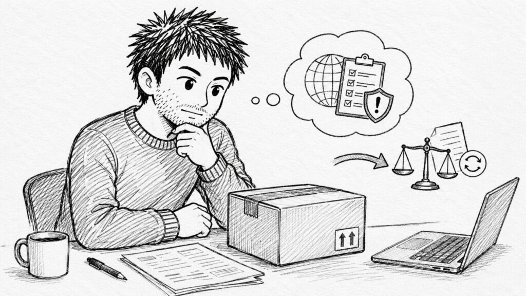 関税ルールの変化を書類と天秤で考えるセラーのイラスト