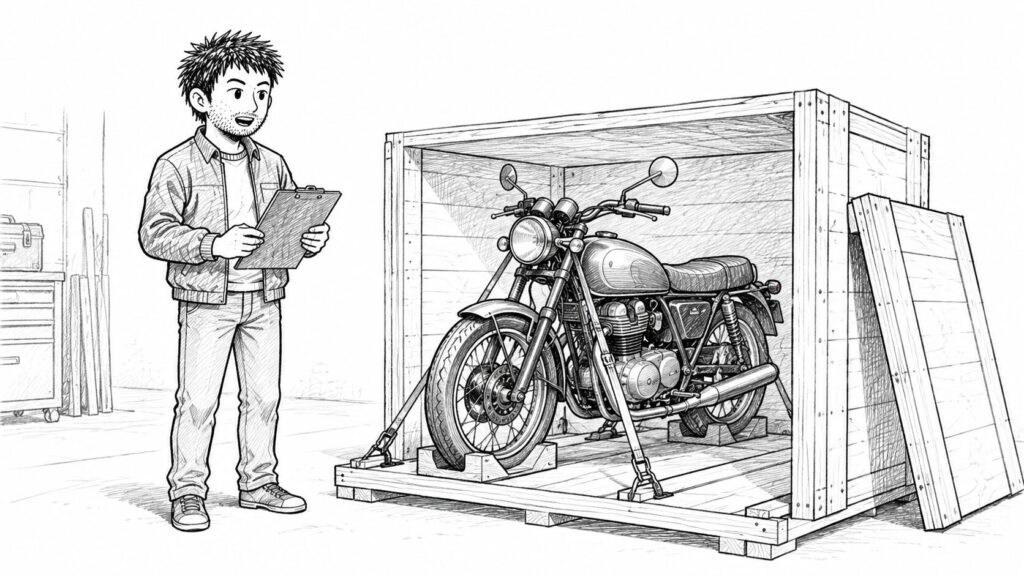 木枠に固定されたバイク車体を書類とともに確認する様子のイラスト