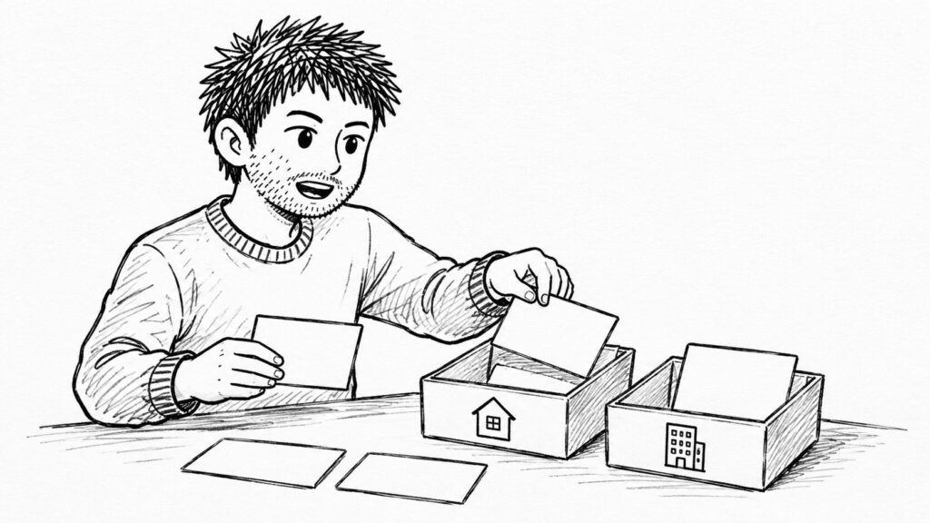 自宅住所と事業用住所のどちらを使うか選ぶ様子を表したイラスト