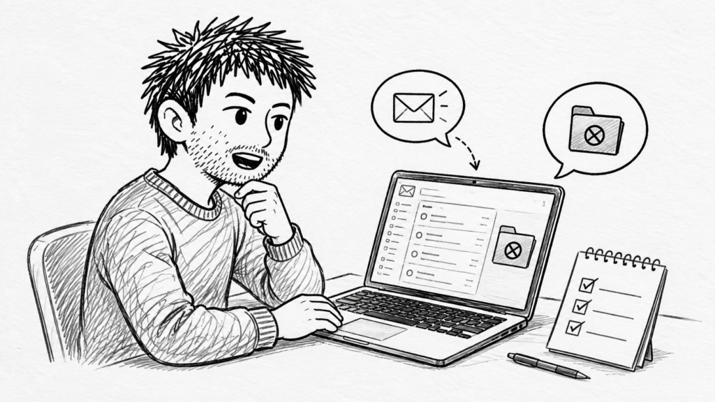 新しいメールアドレスで受信できるかを事前に確認する男性と、届かないメールを示す封筒とエラーフォルダのイラスト