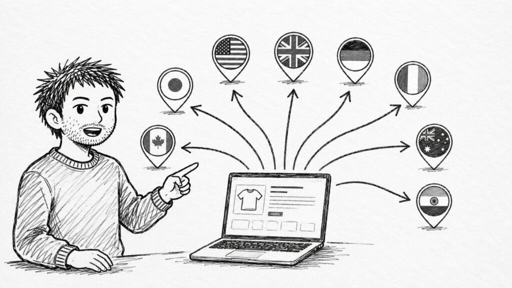 1つの出品から各国へ価格が展開されるebaymagの仕組みのイラスト