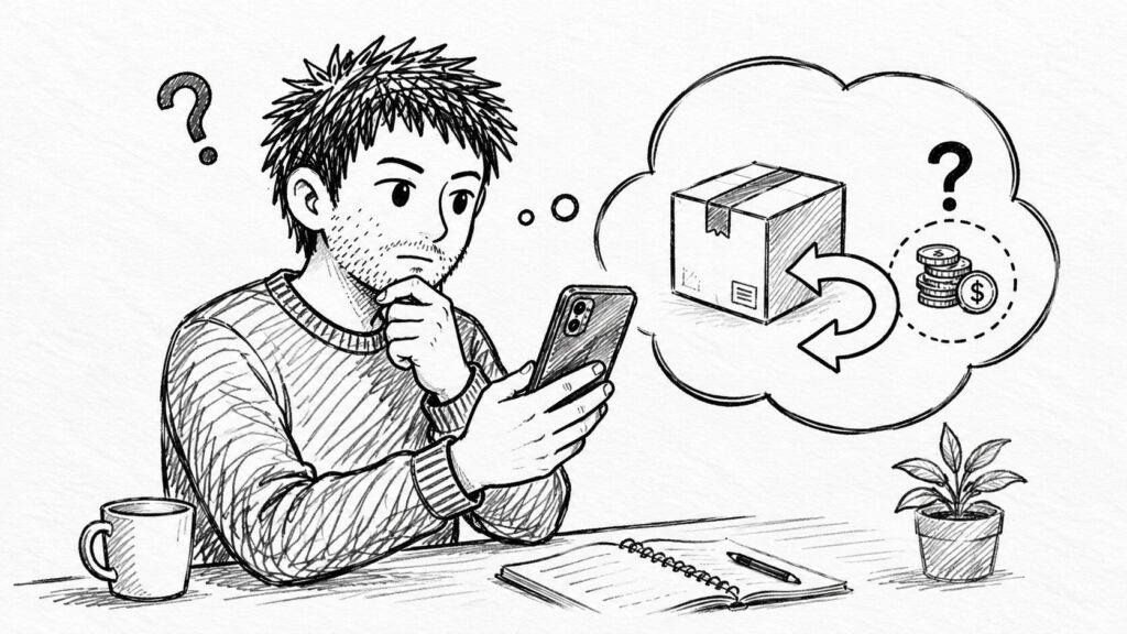 スマホで受け取り拒否後の返金可否を調べるユーザーのイラスト