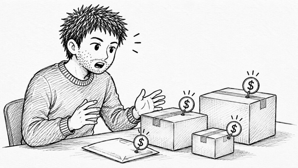 少額の荷物にも課税マークが付きデミニミス廃止に驚くセラーのイラスト
