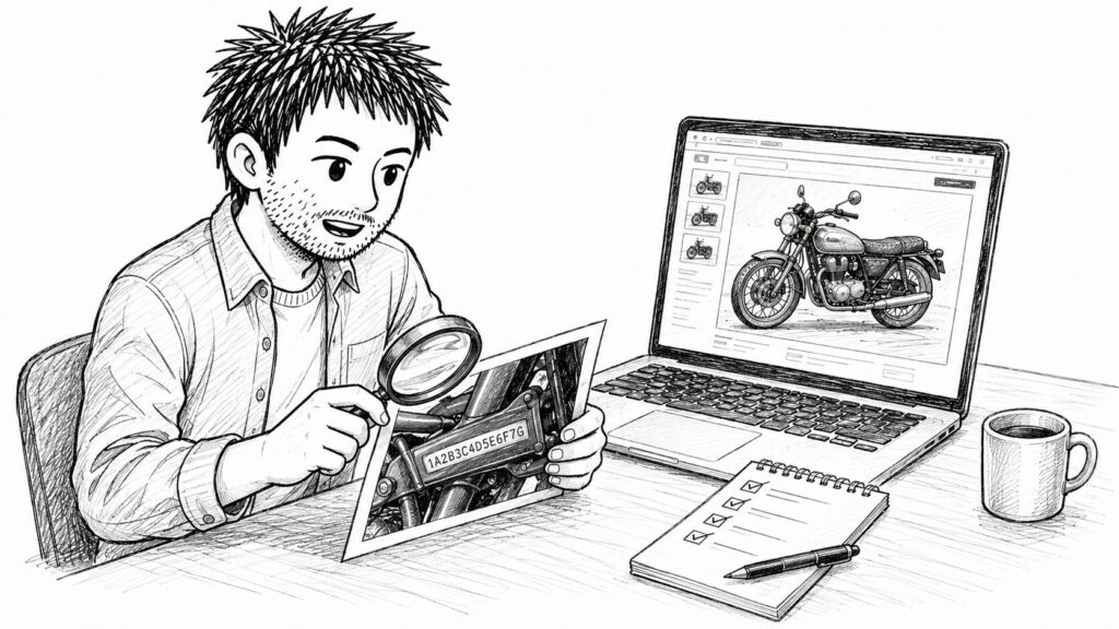 出品写真を拡大して車体の状態を細かく確認する様子のイラスト