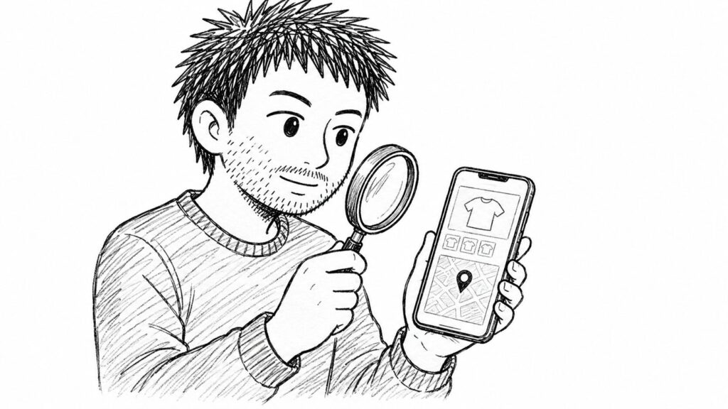 バーチャルオフィスの提供会社をスマホで比較検討する様子のイラスト