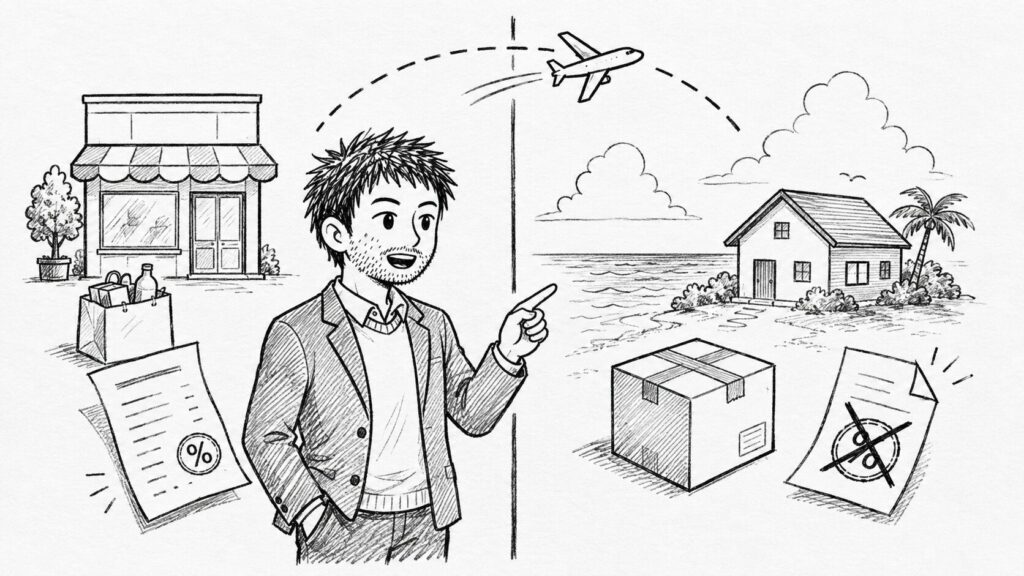 国内仕入れと海外向け販売で消費税の扱いが変わることを表したイラスト