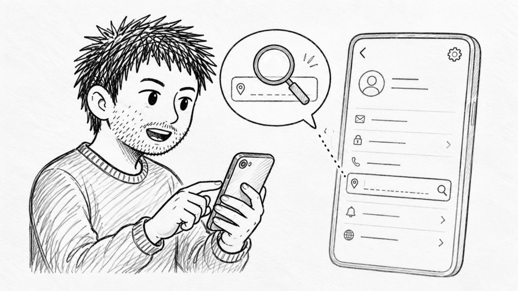 eBayアプリの設定画面からメールアドレスの項目を探すスマホ操作のイラスト