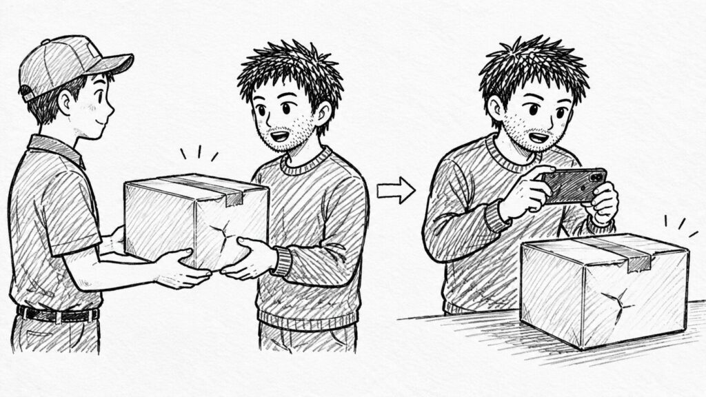 潰れた箱を受け取り写真を撮って記録するユーザーのイラスト
