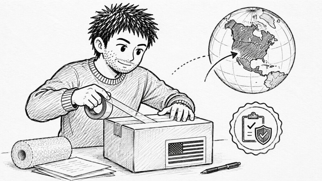 米国向けの荷物を梱包しDDP義務化に対応するセラーのイラスト