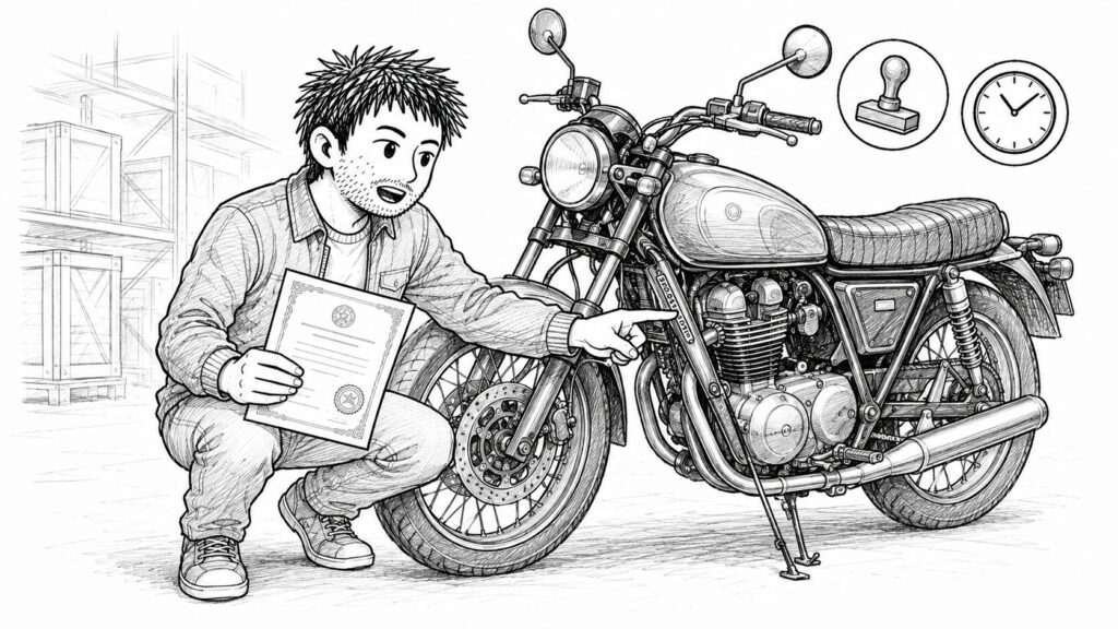 バイクの車体番号と書類を照合して真偽を確かめる様子のイラスト