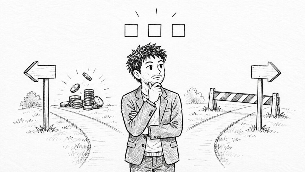 還付を受けるための課税事業者かインボイスかの選択を分かれ道で表したイラスト
