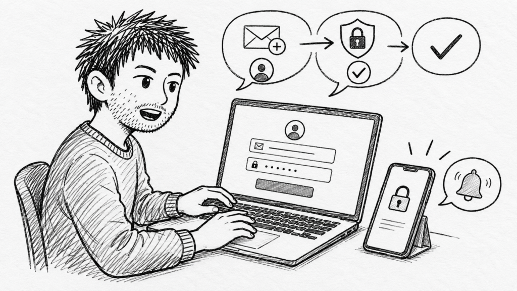 新しいメールアドレスでサインインし直し、確認コードで本人確認を通す流れを示したイラスト
