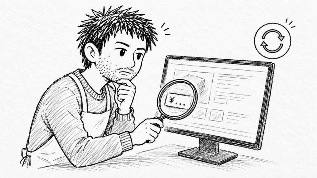 画面の価格を虫眼鏡で確認し通貨換算3%を吸収するイラスト