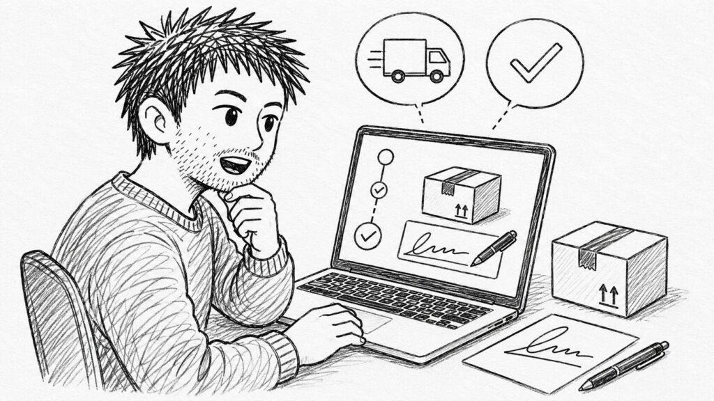 配達試行の記録とセラー保護をパソコンで確認するイラスト