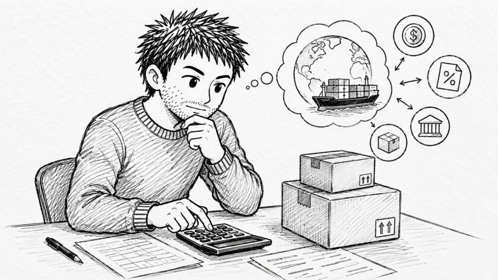 電卓で仕入れ側の関税計算の変化を確認するセラーのイラスト