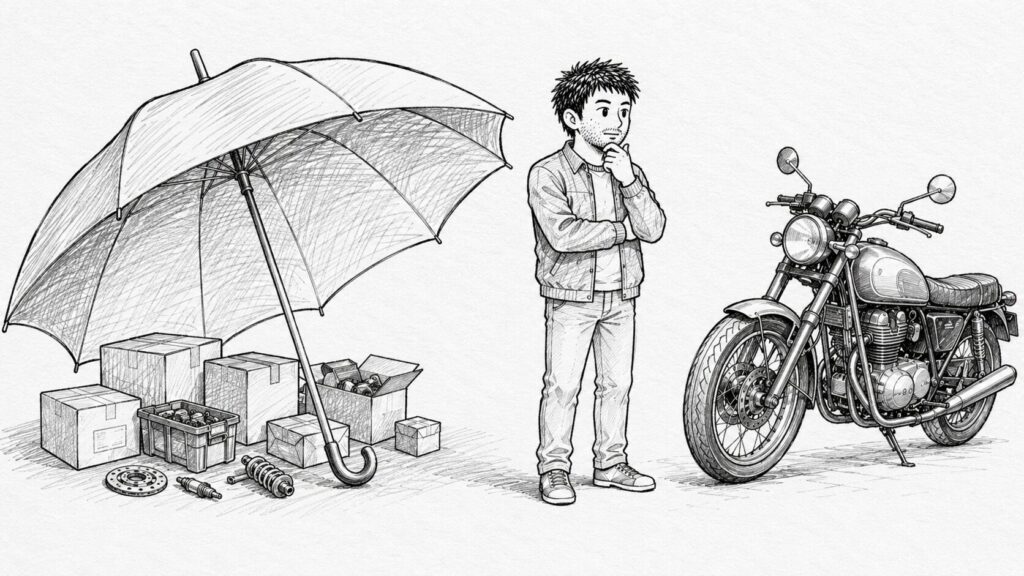バイク本体には返金保証が適用されず部品との扱いが違うことを表したイラスト