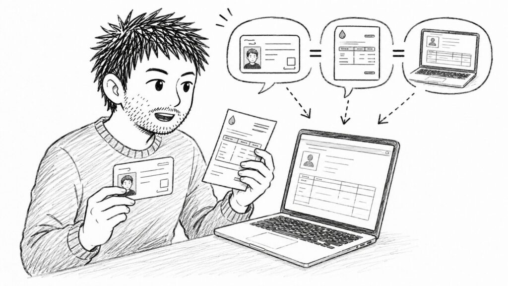 本人確認書類と登録住所を一致させる必要があることを示した図解