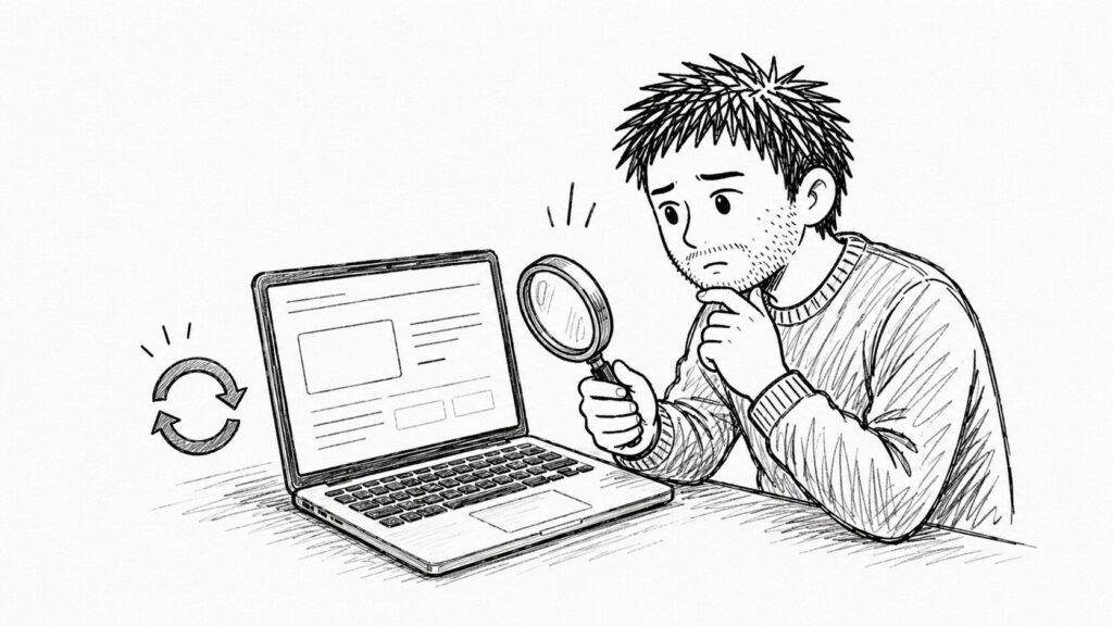 反映されない画面を虫眼鏡で調べるセラーのイラスト