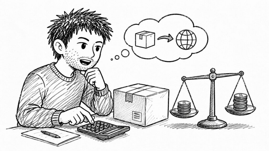 電卓と天秤で返送料と関税の負担を計算するイラスト