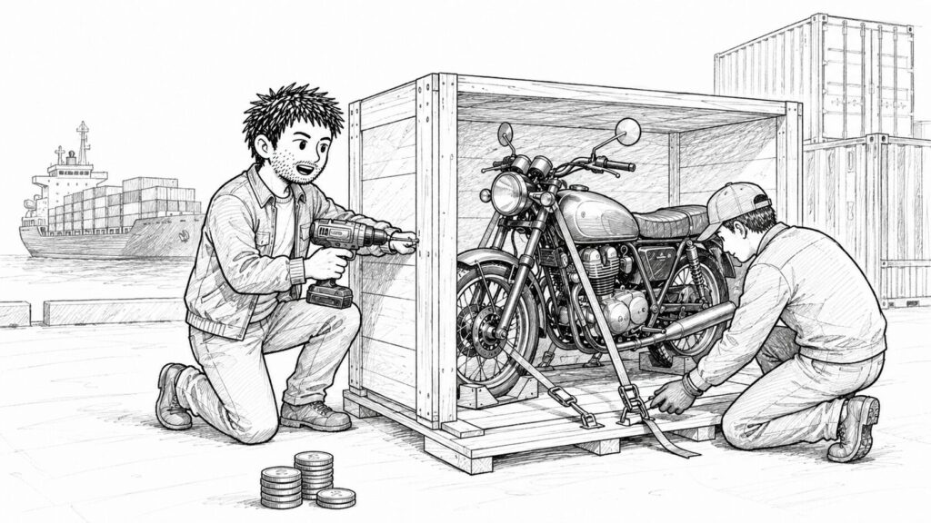 バイクを木枠梱包してコンテナ船で輸送する準備をする様子のイラスト